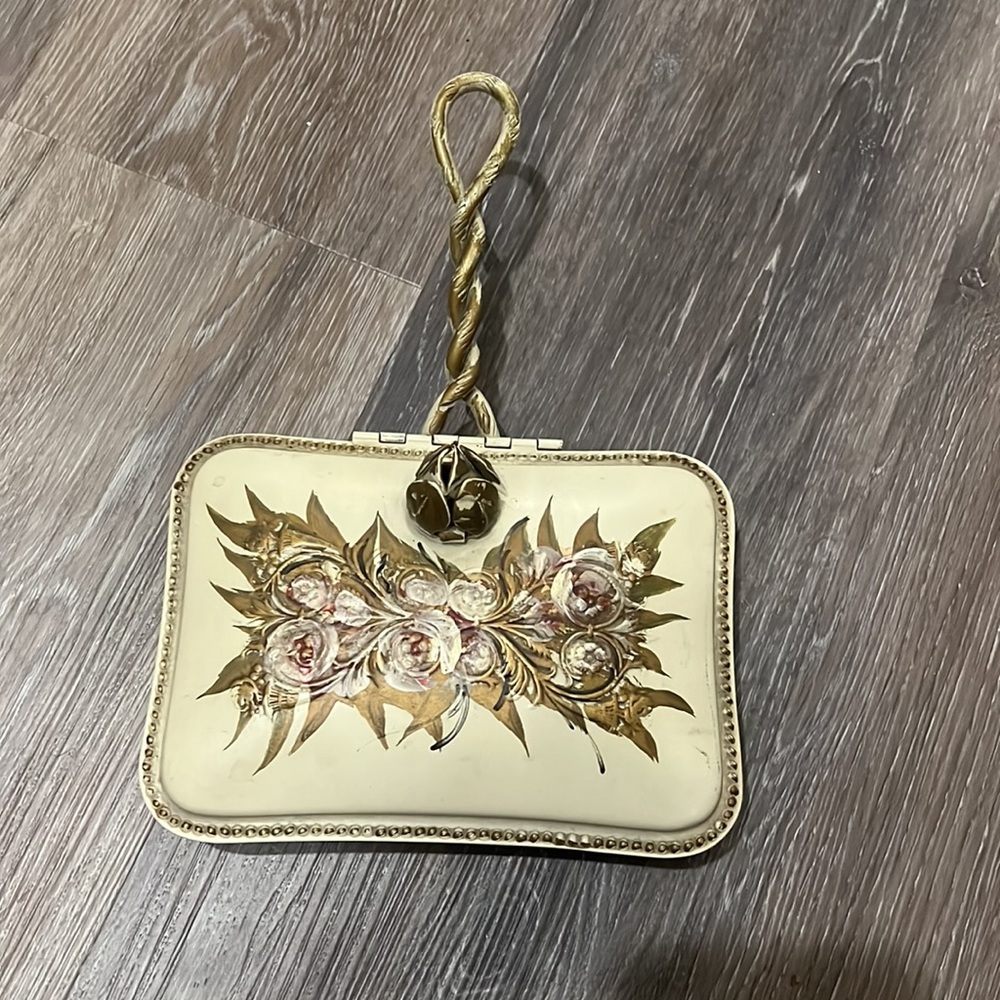 Vintage hand painted metal floral cream gold silent butler - Picture 1 of 9